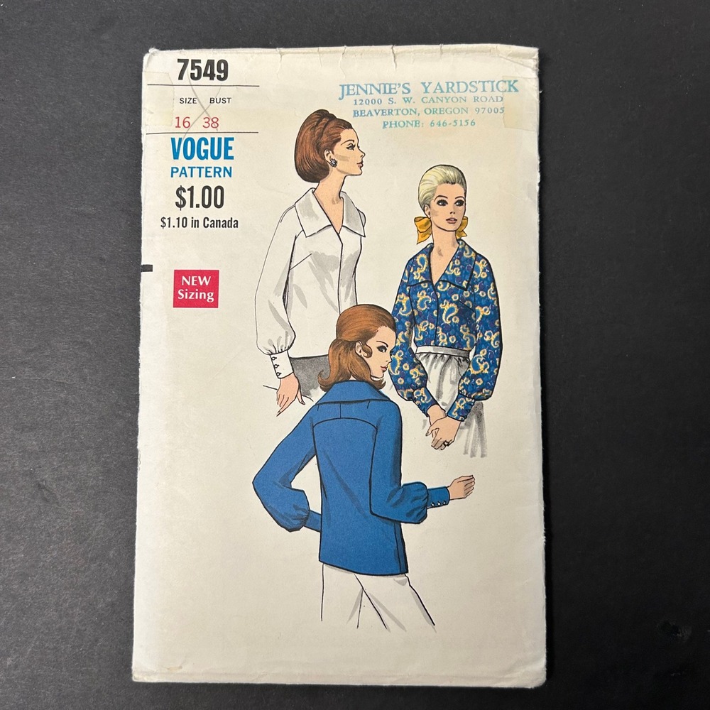 Vintage‎ 60's Vogue 7549 Blouse Pattern Women Size 16 Raglan Sleeve